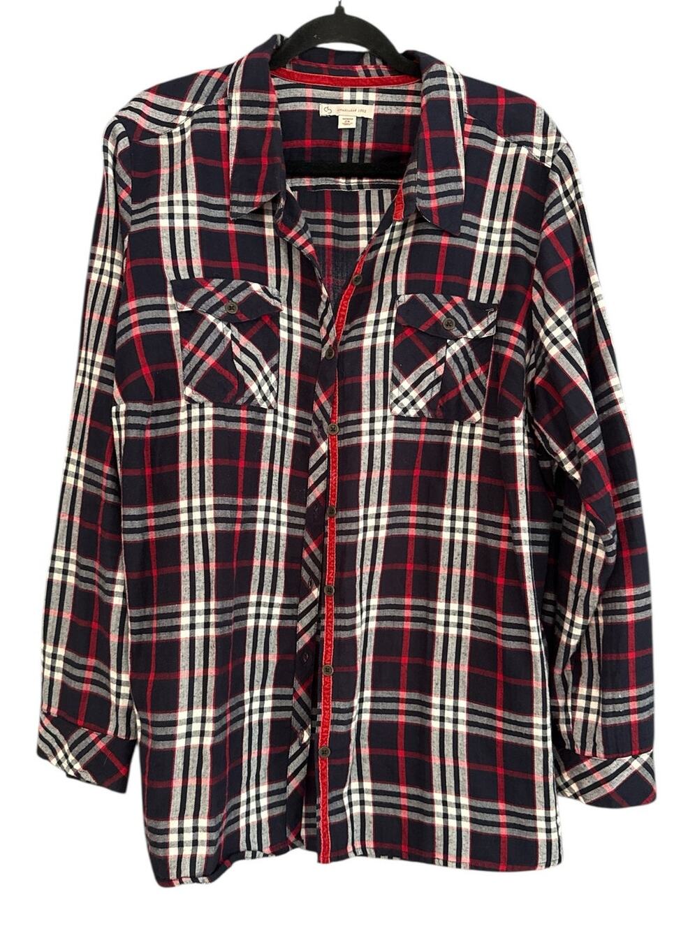 Est 1962 Plaid Button Up Classic Fall Cabin LS Top Blouse 2X Black Red Preppy